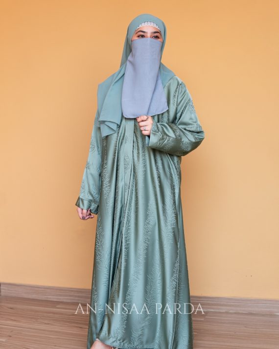 Model wearing full-length Textured Jacquard Open-Front Gown