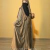 Full-length view of faux double layer gown with cape design